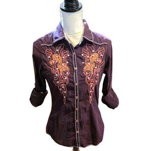 Roar Blouse Snap Buttons Cowgirl/Western long Sleeve Silver Threads in Size M
